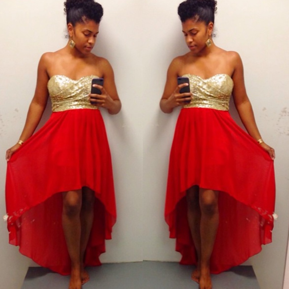GORGEOUS strapless high low gold and red dress